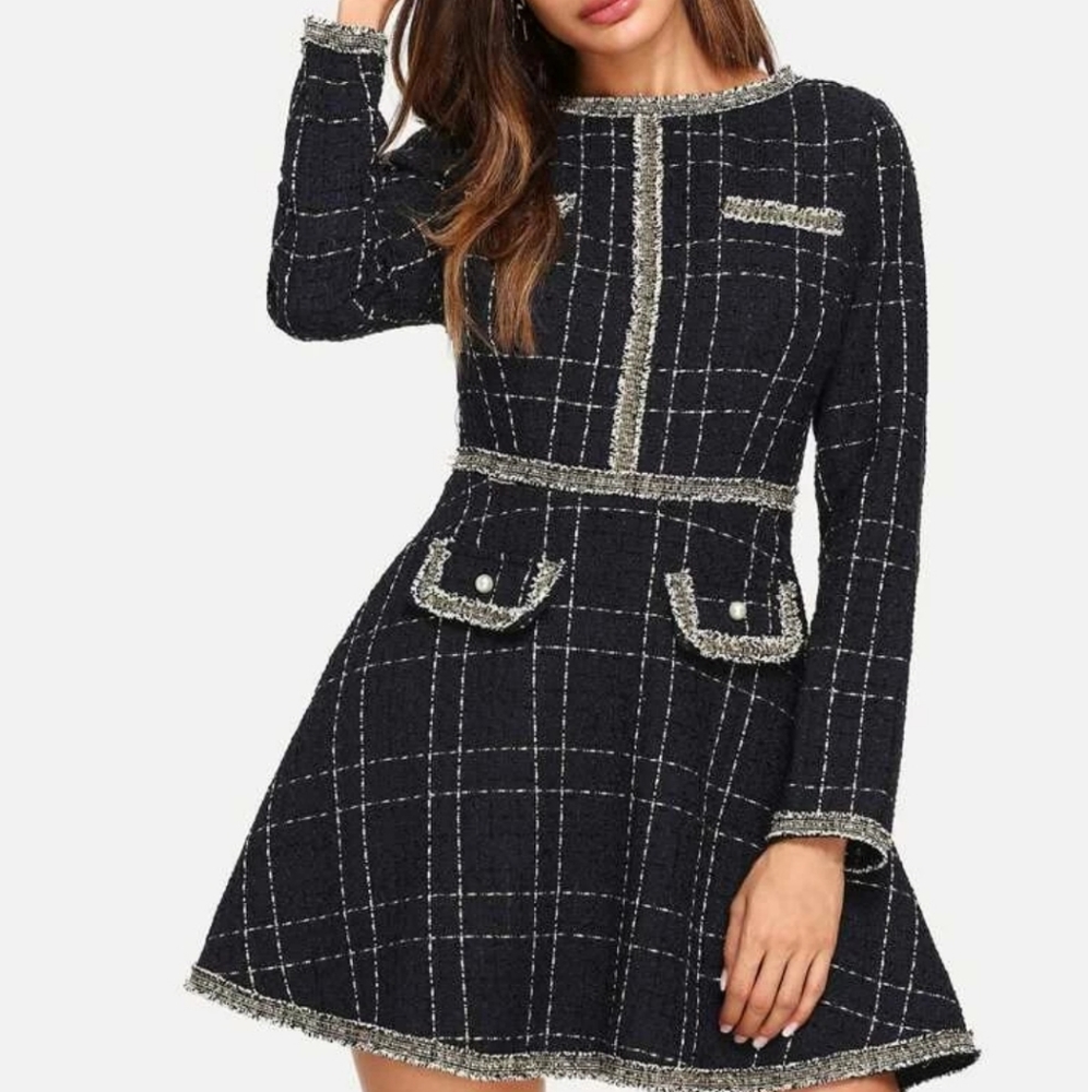 Shein black tweed pearl dress A line